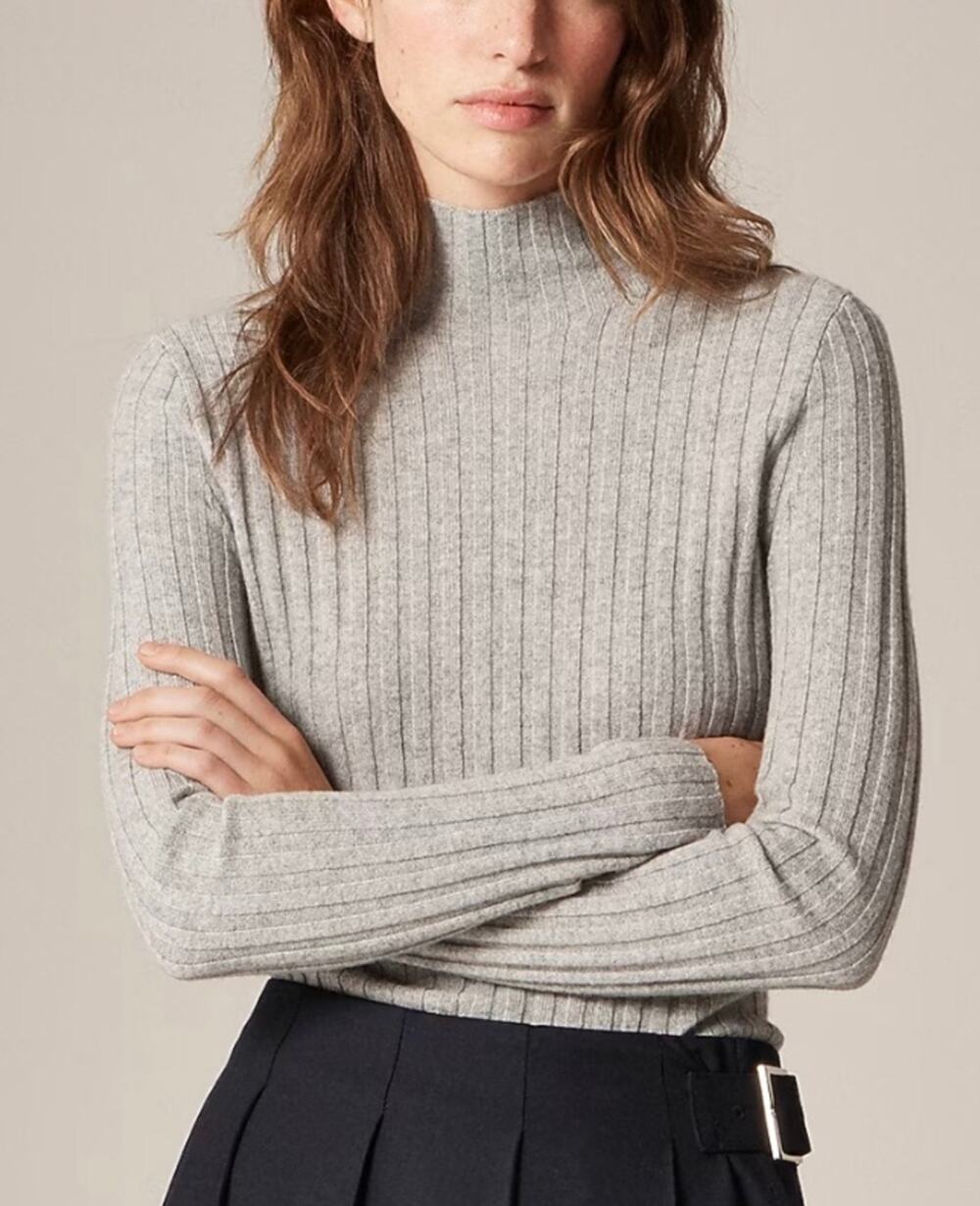 J.Crew Wide Rib 100% Cashmere Turtleneck Sweater Heather Grey Size XS NWT